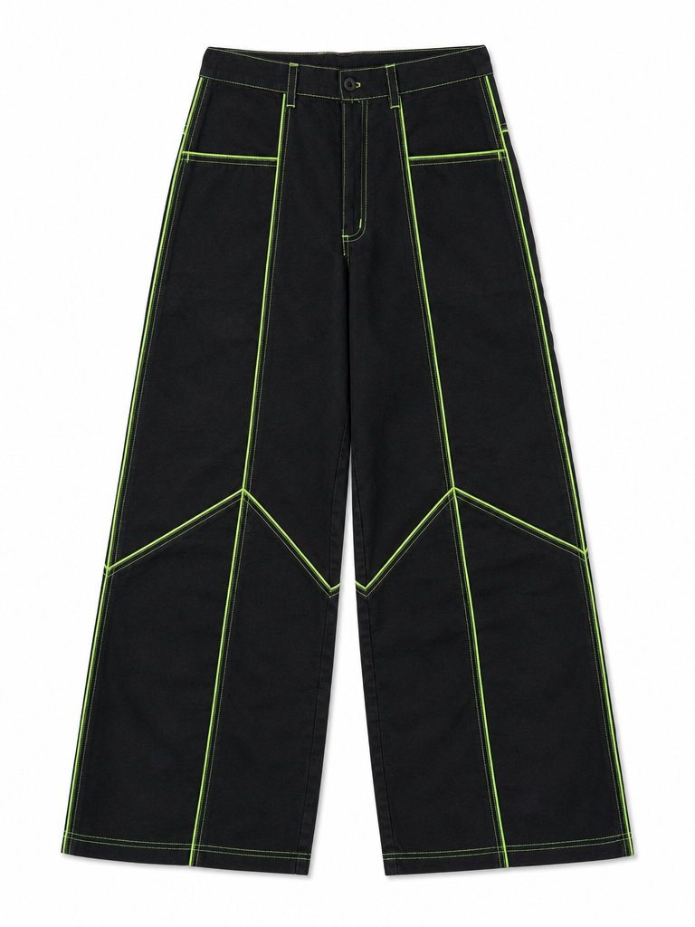 PANTALON WIDELEG NOIR SURPIQURES FLUO - Taille 42