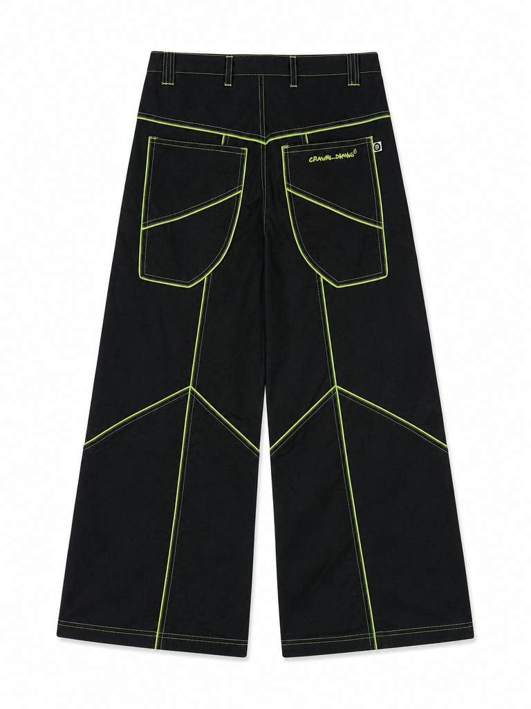 PANTALON WIDELEG NOIR SURPIQURES FLUO - Taille 42