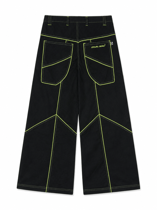 PANTALON WIDELEG NOIR SURPIQURES FLUO - Taille 42 - Denim Co. SN